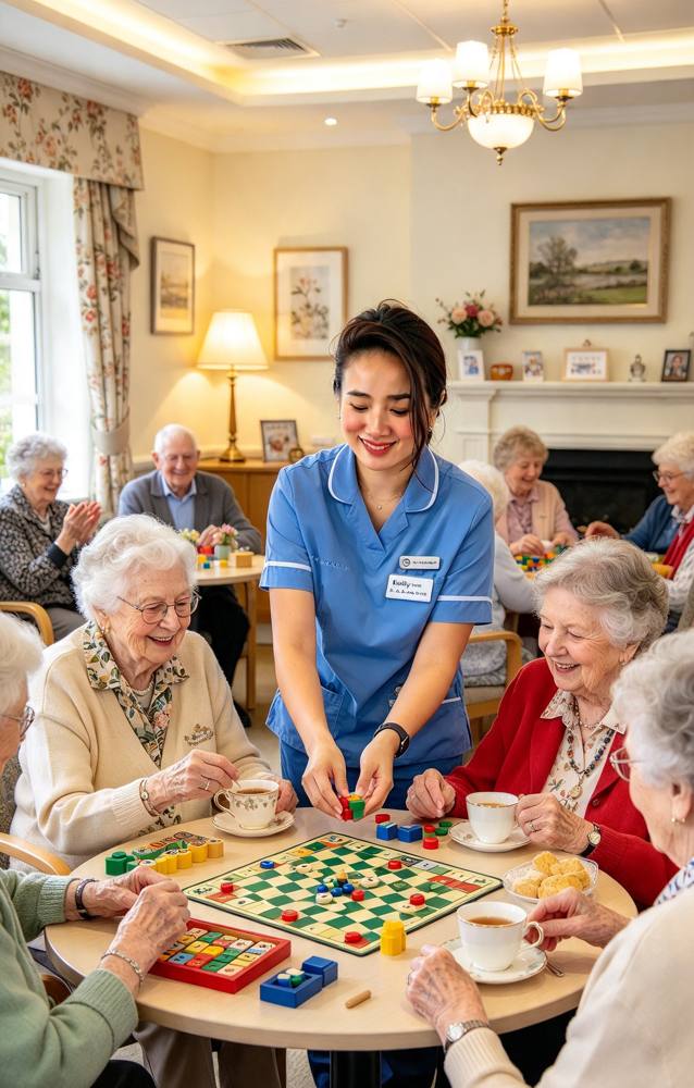 Illustration of a care worker playing games with older people over tea