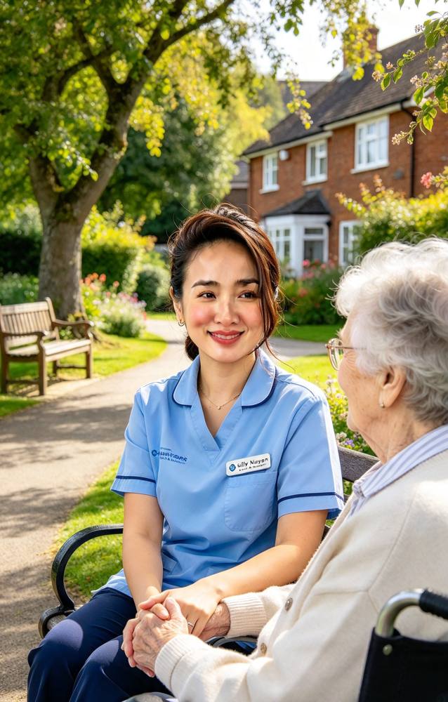 Illustration of a care worker talking with an older woman in a garden