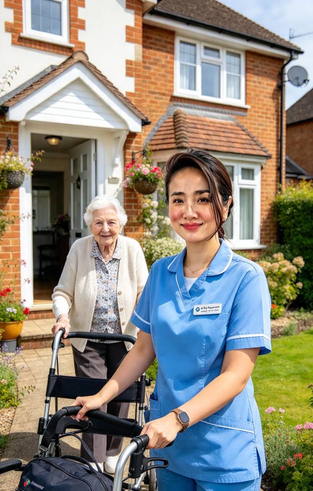 Illustration of a care worker and an older woman with a walking frame outside her home