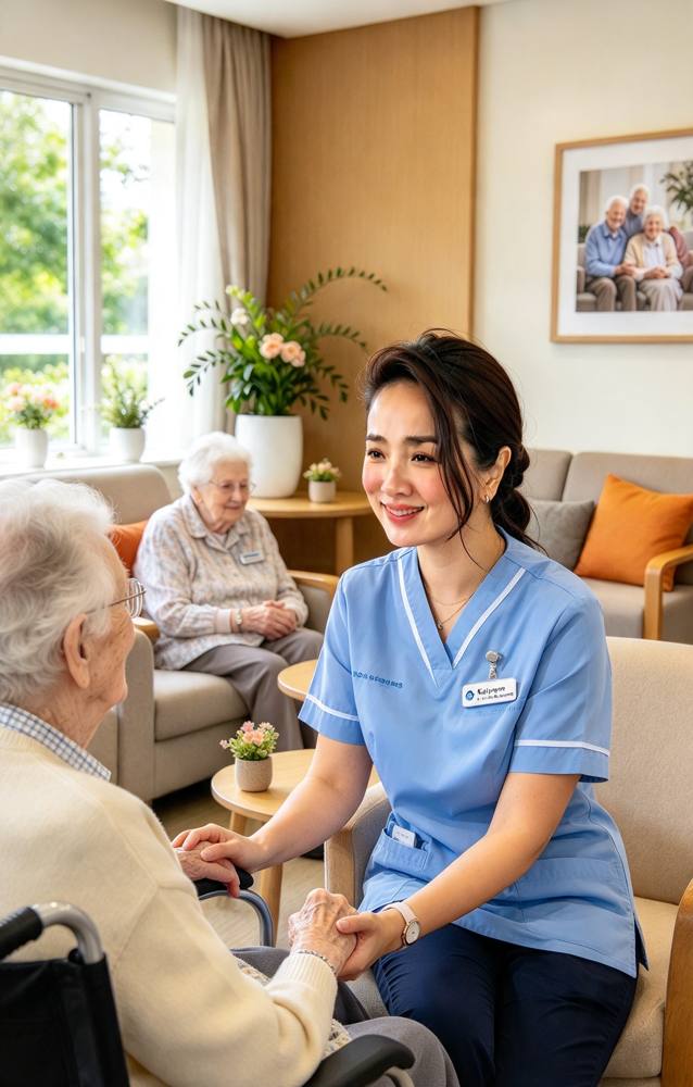 Illustration of a care worker holding the hand of an older man in a lounge