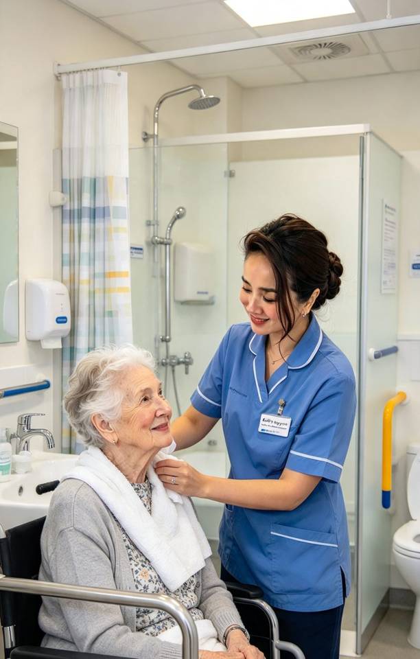Illustration of a care worker supporting older people in an aged care setting
