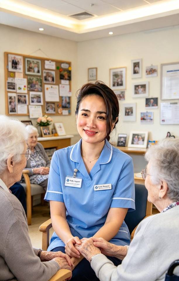 Illustration of a care worker supporting older people in an aged care setting