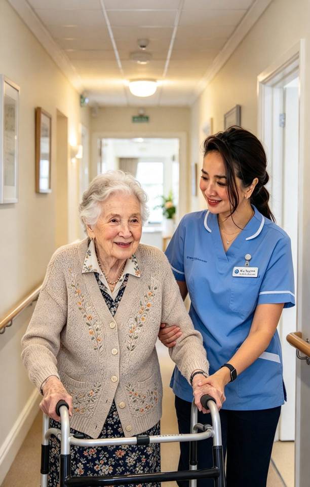Illustration of a care worker supporting older people in an aged care setting