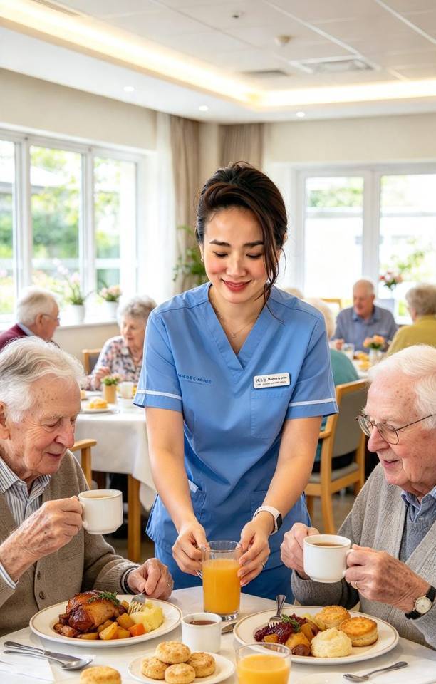 Illustration of a care worker supporting older people in an aged care setting