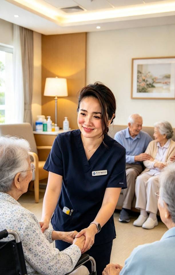 Illustration of a care worker supporting older people in an aged care setting