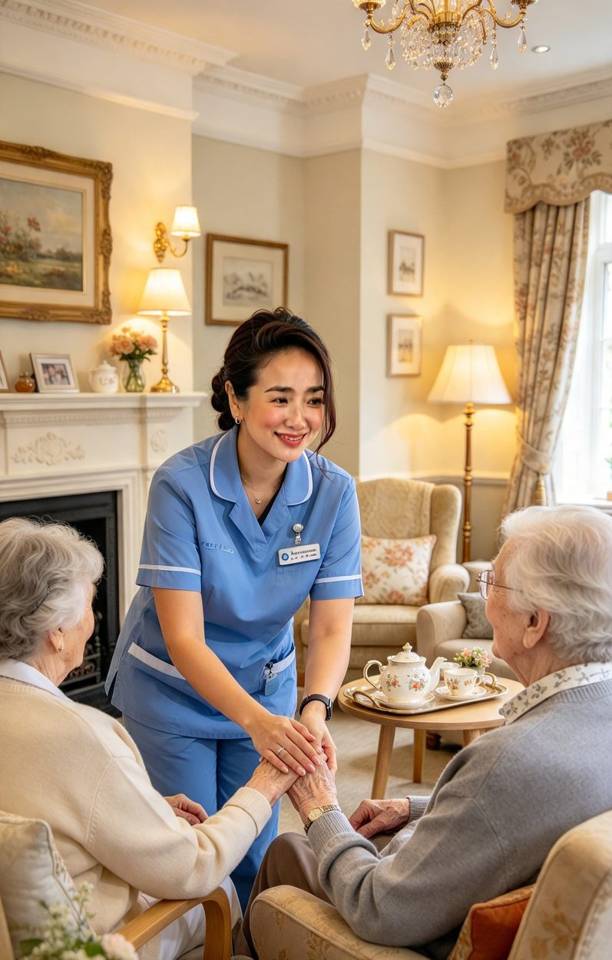Illustration of a care worker supporting older people in an aged care setting