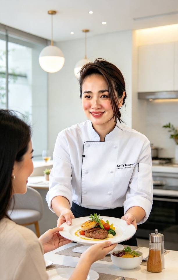 Illustration of a chef preparing and serving food