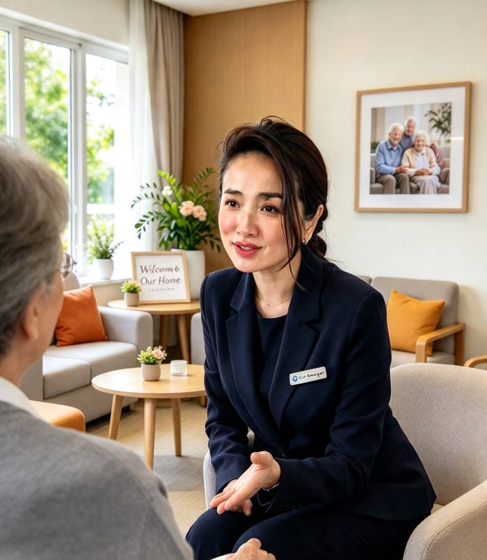 Illustration of Kelly talking with a client about their needs in a care home lounge