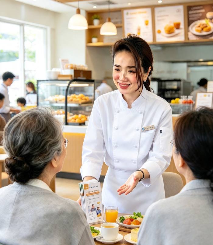 Illustration of Kelly in chef whites welcoming older clients in a cafe dining room