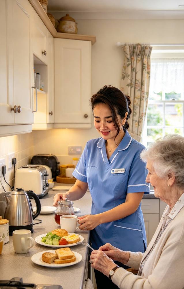 Illustration of a carer helping an older woman with a meal at home