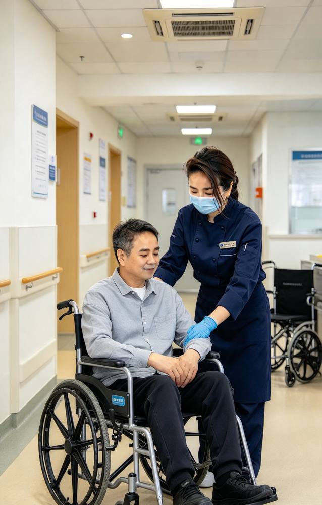 Illustration of a care worker helping a man in a wheelchair in a corridor