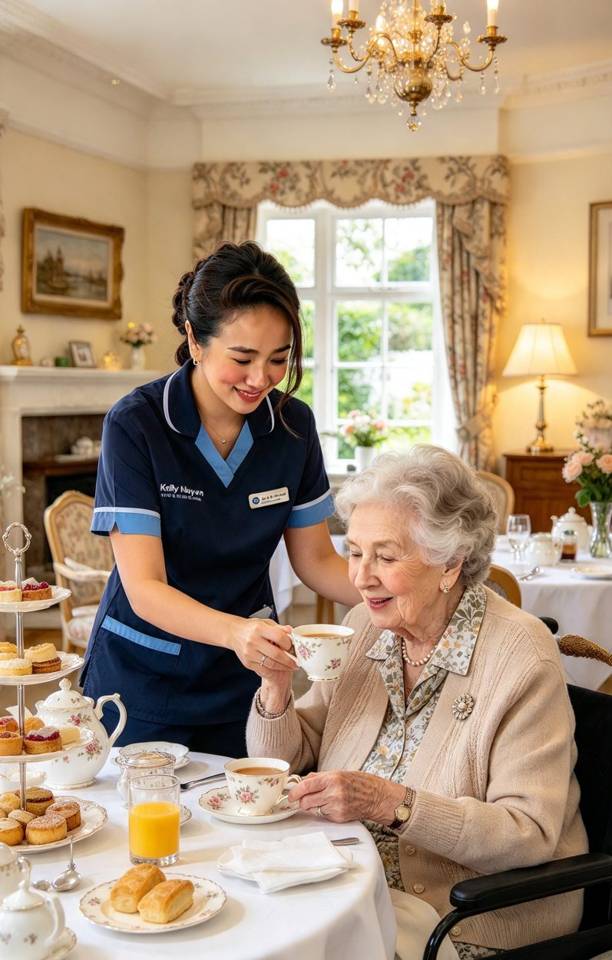 Illustration of a care worker supporting an older person at home