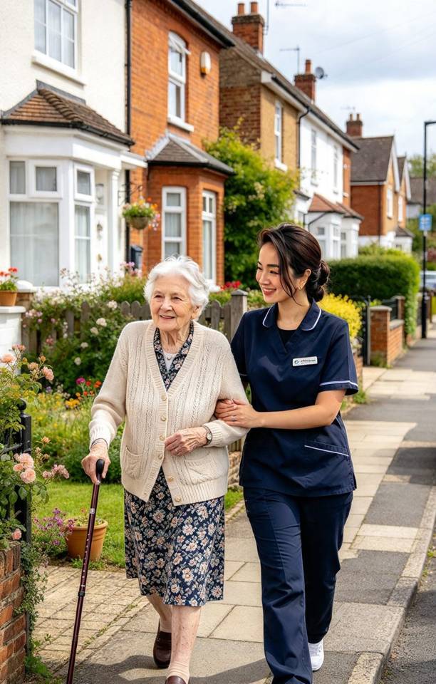 Illustration of a care worker supporting an older person at home
