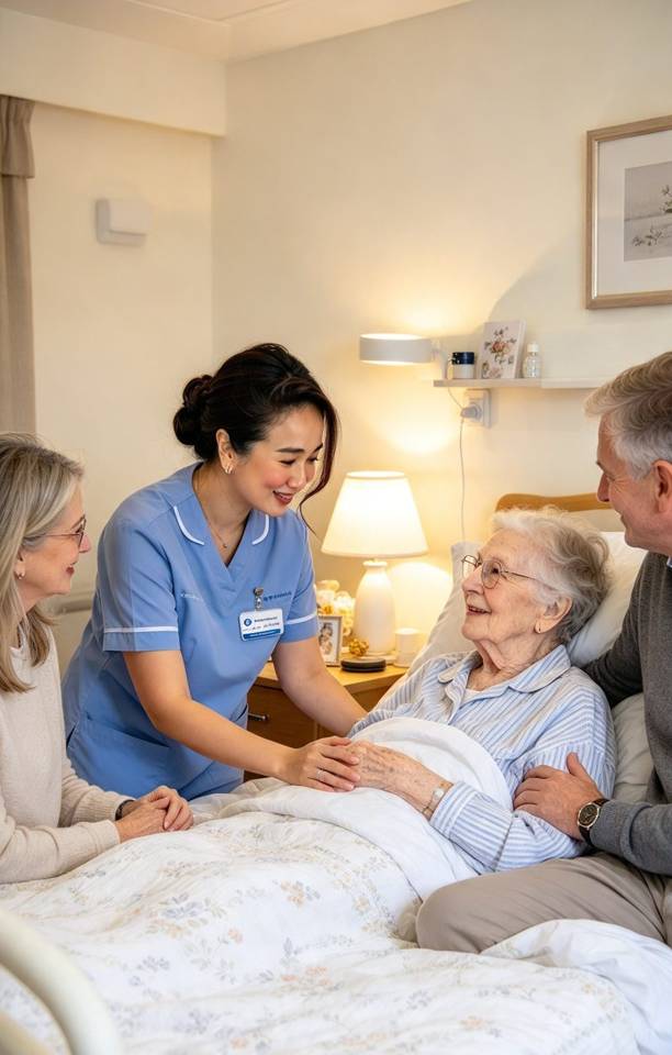 Illustration of a care worker supporting an older person at home