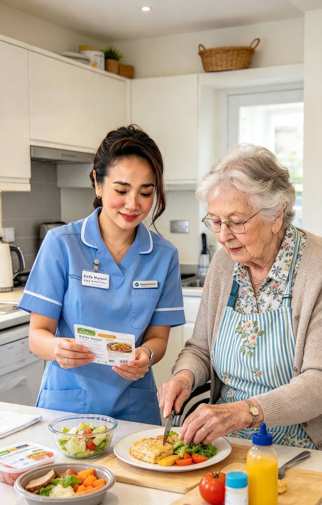 Illustration of a carer helping an older woman prepare a meal at home