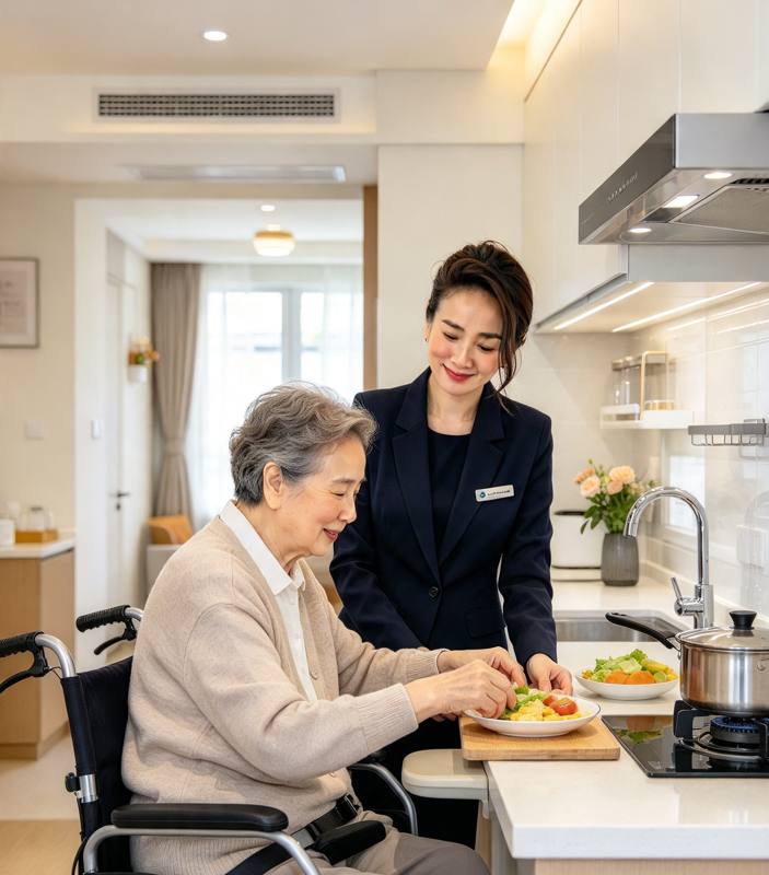 Illustration of a carer helping an older woman in a wheelchair prepare a meal in her kitchen