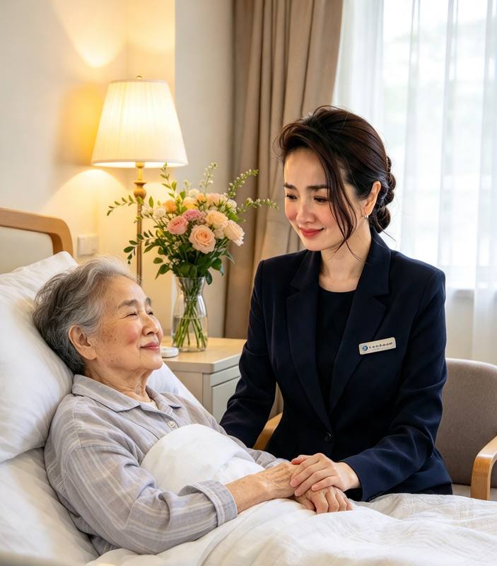 Illustration of a carer sitting with and holding the hand of an older woman resting in bed